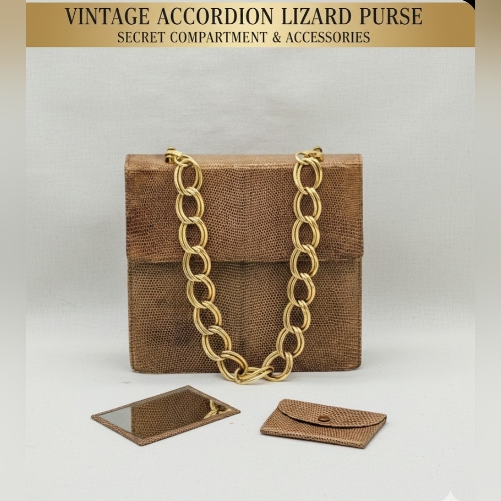 Vintage Accordion Tan Lizard Purse Secret Compartment With Extra Accessories.